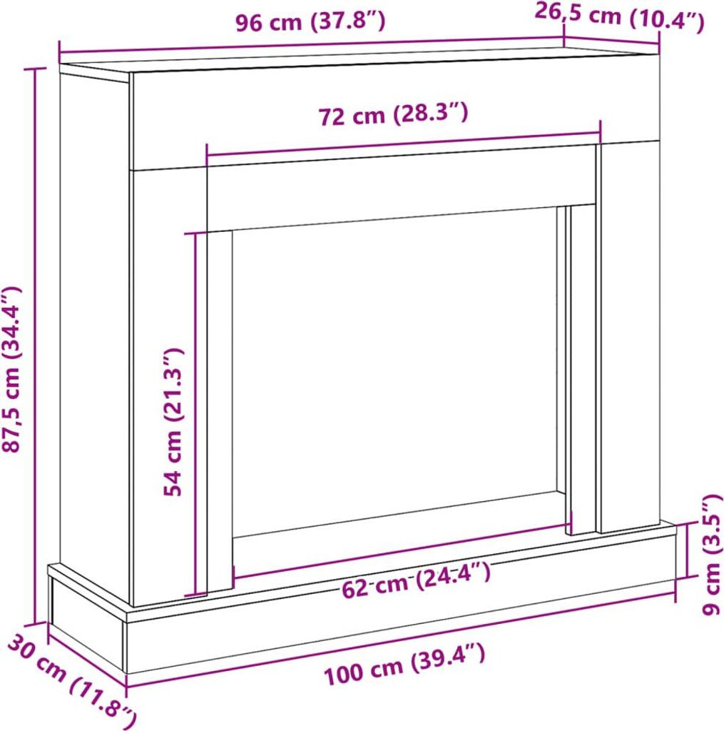A diagram showing the dimensions of a fireplace surround.