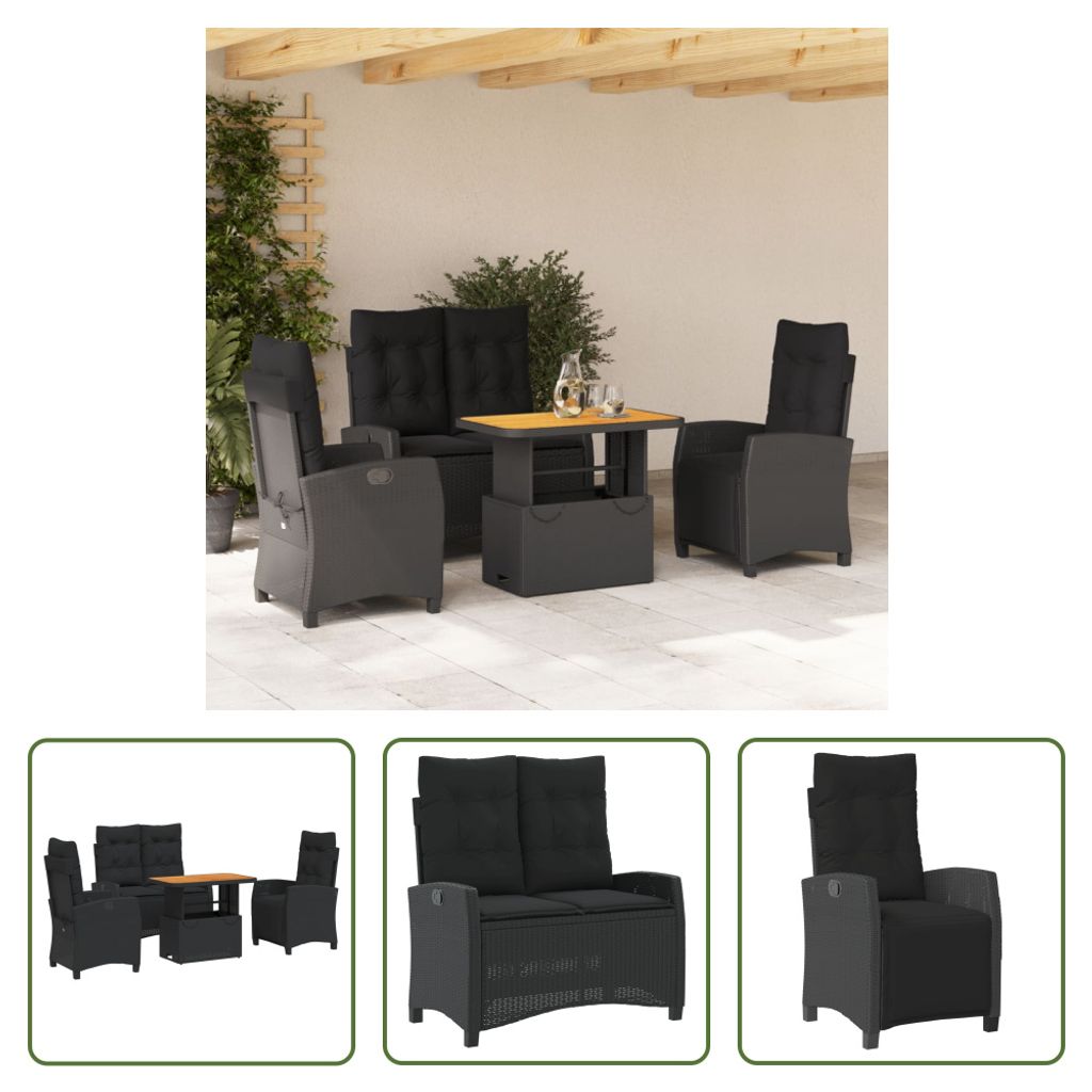 The Living Store 4-tlg. Garten-Essgruppe mit Kissen Schwarz Poly Rattan