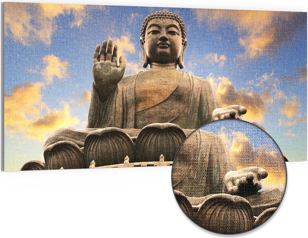 DEQORI Hybrid Leinwand Bild 100x50 cm 'Buddha über Hongkong' Wandbild Glas flach modern