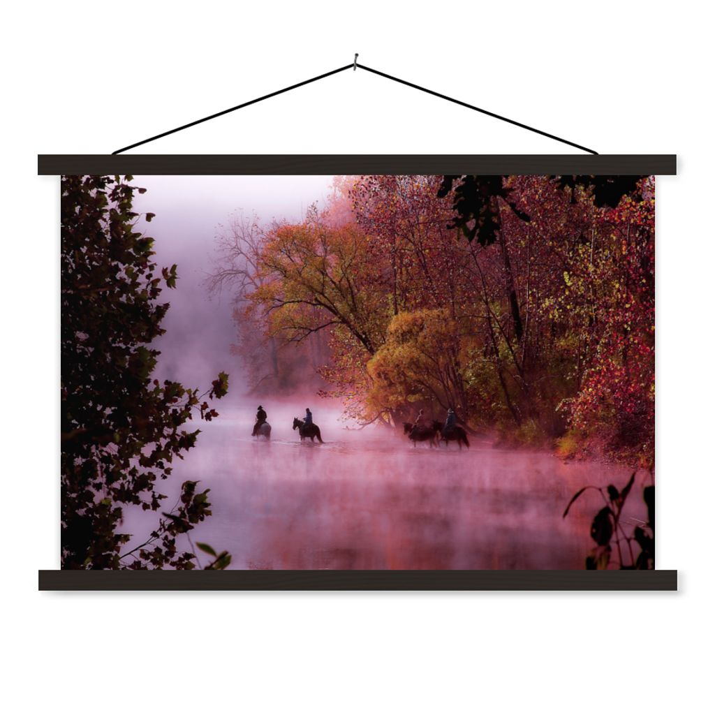 MuchoWow Textilposter Pferde - Nebel - Wald 90x60 cm mit schwarzem Rahmen - Aufhängungssatz