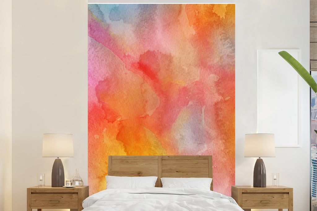 MuchoWow Fototapete für Wohnzimmer oder Schlafzimmer Wandtapete Vinyl Motivtapete Aquarell - Gelb - Rot - Orange - 155x240 cm - Tapete