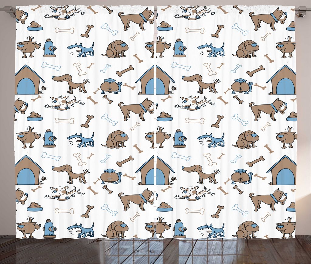 ABAKUHAUS Gebeine Rustikaler Gardine, Cartoon-Stil Dog Elements, Schlafzimmer Kräuselband Vorhang mit Schlaufen und Haken, 280 x 225 cm, Cocoa Sky...