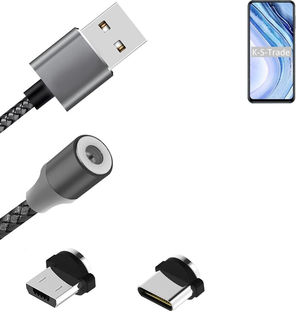 K-S-Trade Hochwertiges Magnet-Lade-kabel Sync-Kabel Daten-Kabel für Xiaomi Redmi Note 9 Pro Max mit USB-Typ-C-Anschluss und Micro-USB-Anschluss 2A