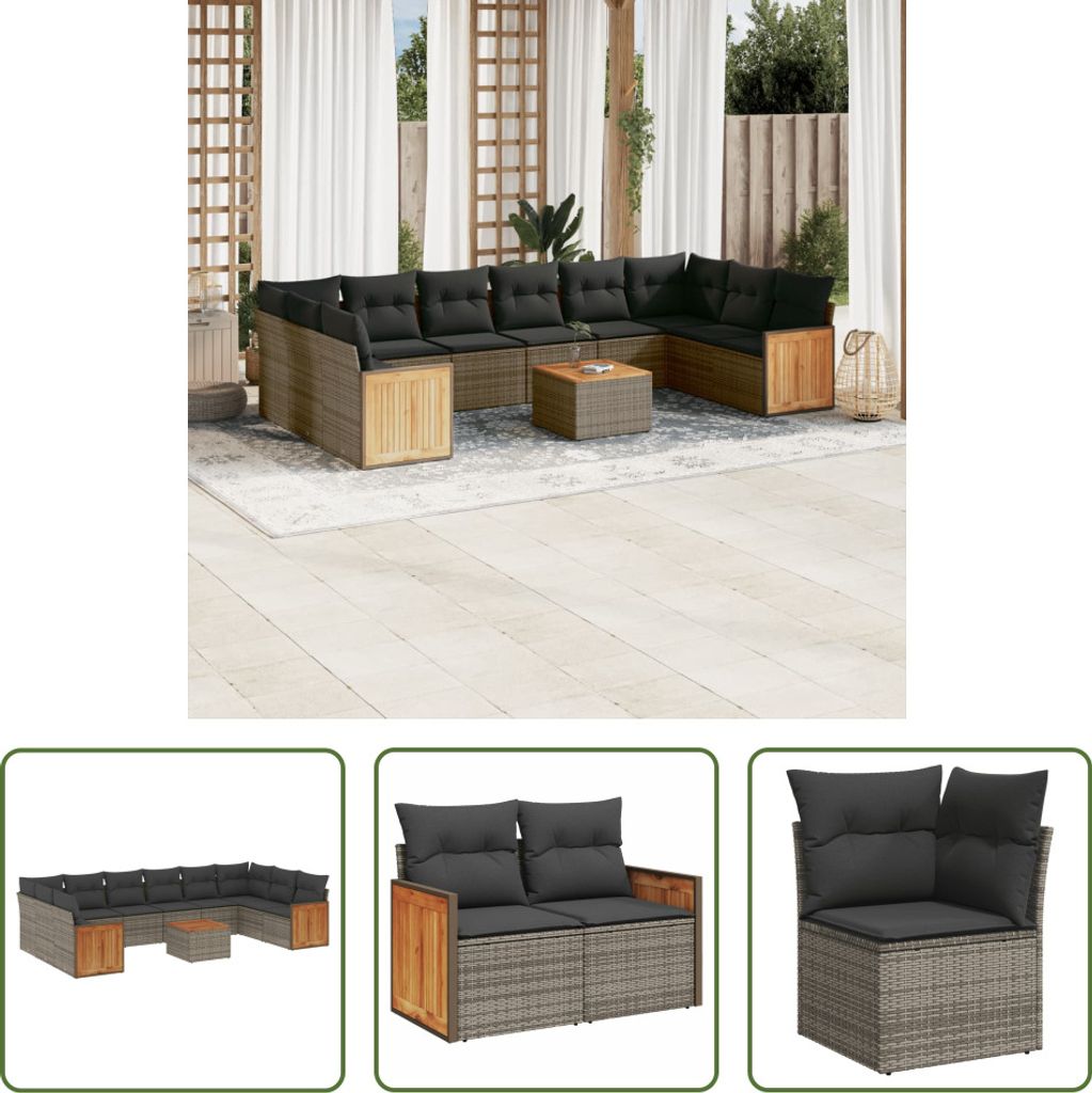 The Living Store 11-tlg. Garten-Sofagarnitur mit Kissen Grau Poly Rattan