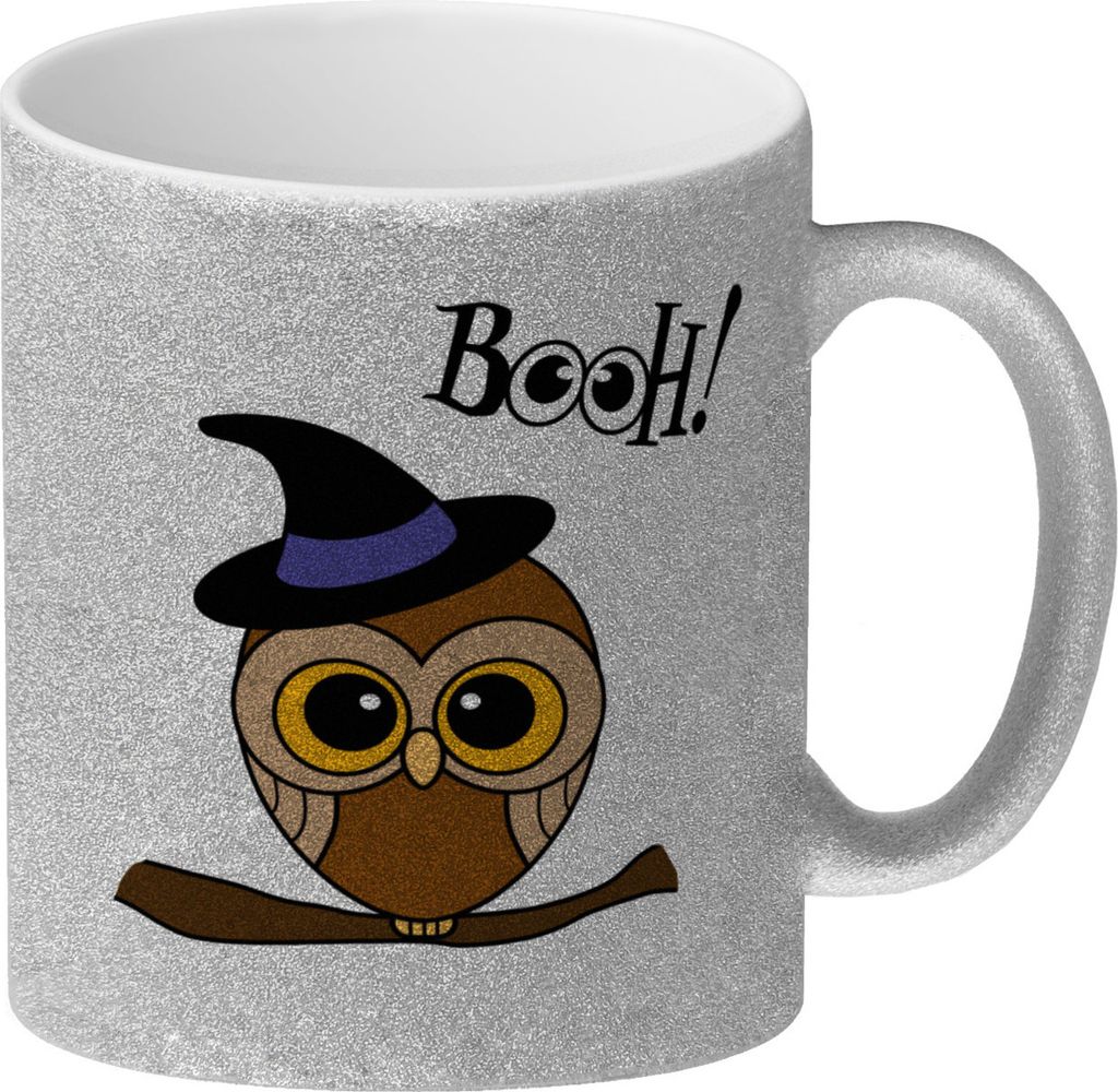 Glitzer-Kaffeebecher für Halloween mit niedlichem Eulenmotiv und Spruch - BOOH!