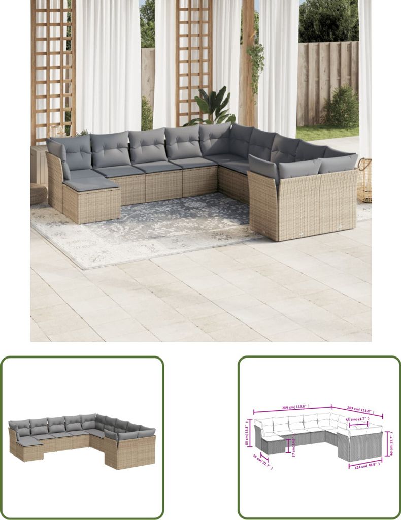 The Living Store 11-tlg. Garten-Sofagarnitur mit Kissen Beige Poly Rattan