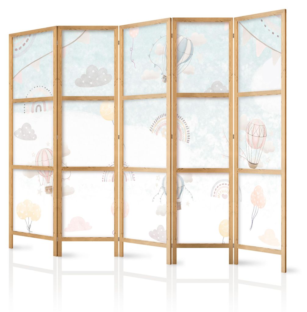 Muralo Japanischer PARAVENT 5-teilig Raumteiler klappbar PREMIUM-Vliesleinwand BALLONS WOLKEN für Kinderzimmer 225cmx172cm