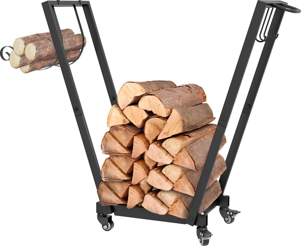 Trapezförmiges Feuerholzgestell mit Rollen, Schwarz, 79x30x81 cm, pulverbeschichteter Metall