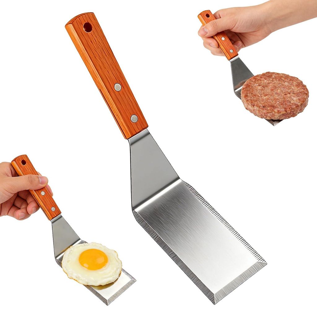 Edelstahlspatel mit Holzgriff, Küchenspatel, Grillspatel, robuster Metallspatel zum Grillen, für Hamburger, zum Braten und für den allgemeinen G...