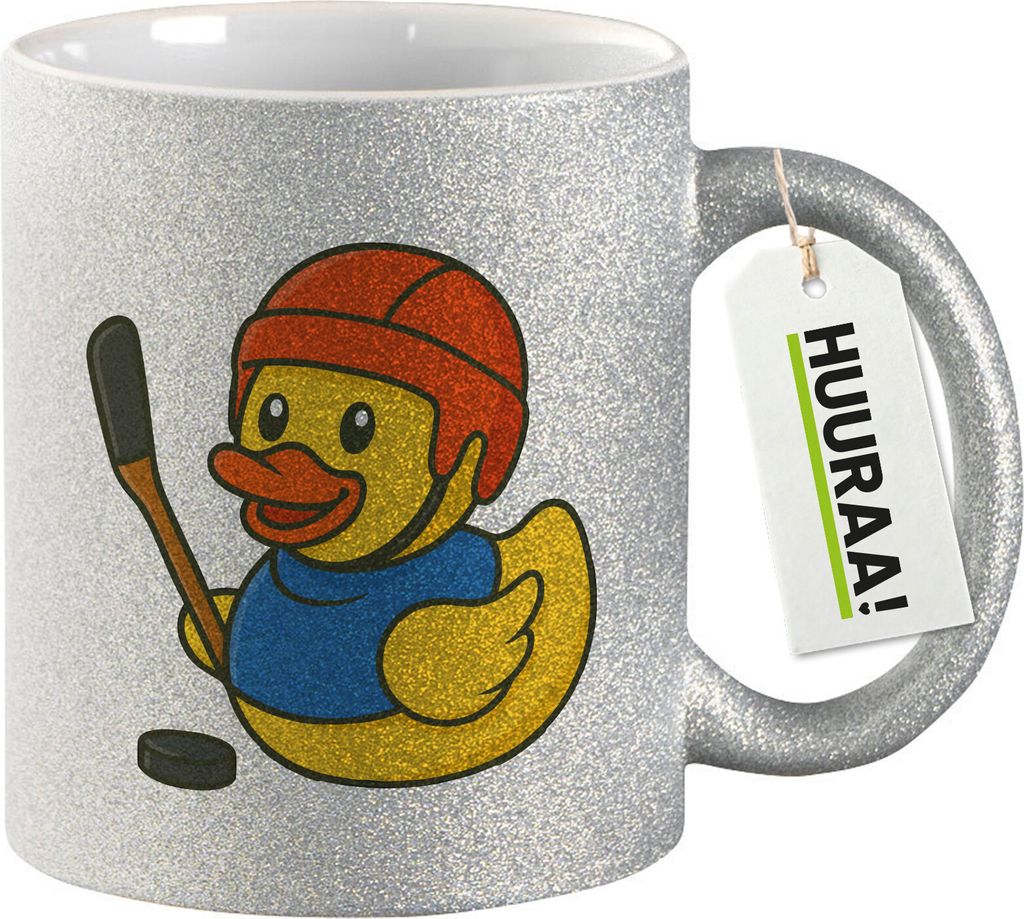 Huuraa Glitzertasse Quietscheente Eishockey Gummiente Hockey 330ml Silber Keramik Kaffeebecher Geschenkidee