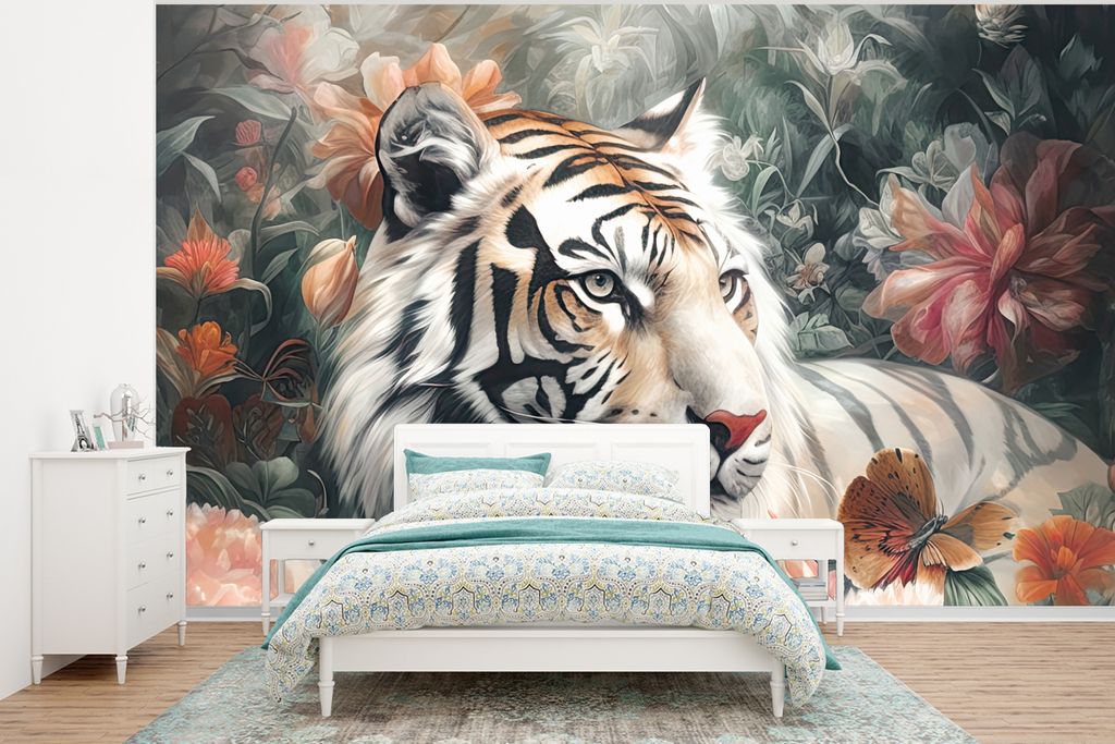MuchoWow Fototapete für Wohnzimmer oder Schlafzimmer Wandtapete Vinyl Motivtapete Tiger - Wildtiere - Blumen - Dschungel - 400x300 cm - Papierta...