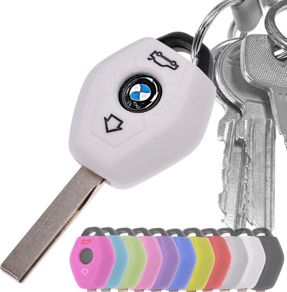 Auto Schlüssel Hülle Silikon Schutz Cover Weiß kompatibel mit BMW E46 E83 E52 E85 E86 E39 E61 E60 E53 3 Tasten Funk Fernbedienung