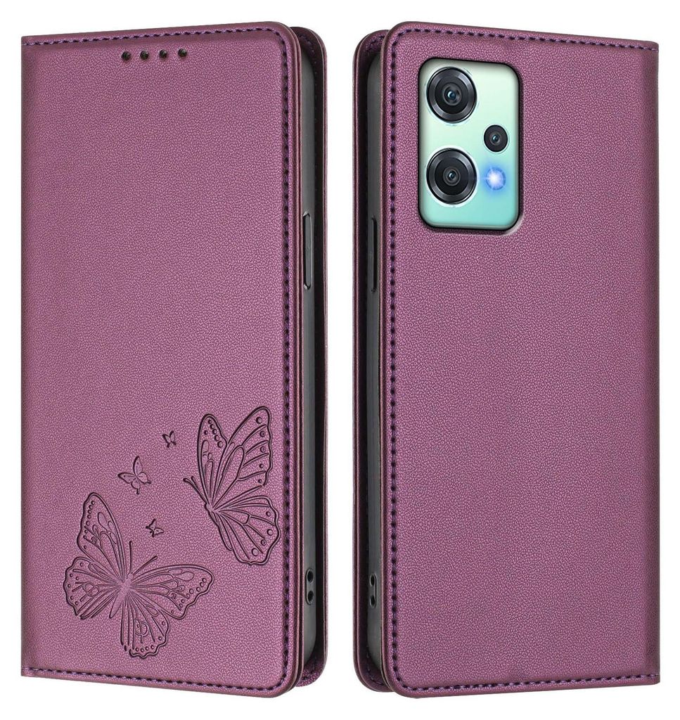 Lederhülle für OnePlus Nord CE 2 Lite 5G/Nord 2 Lite, Schmetterling Prägung Leder Brieftasche Schutzhülle mit Ständer Lila