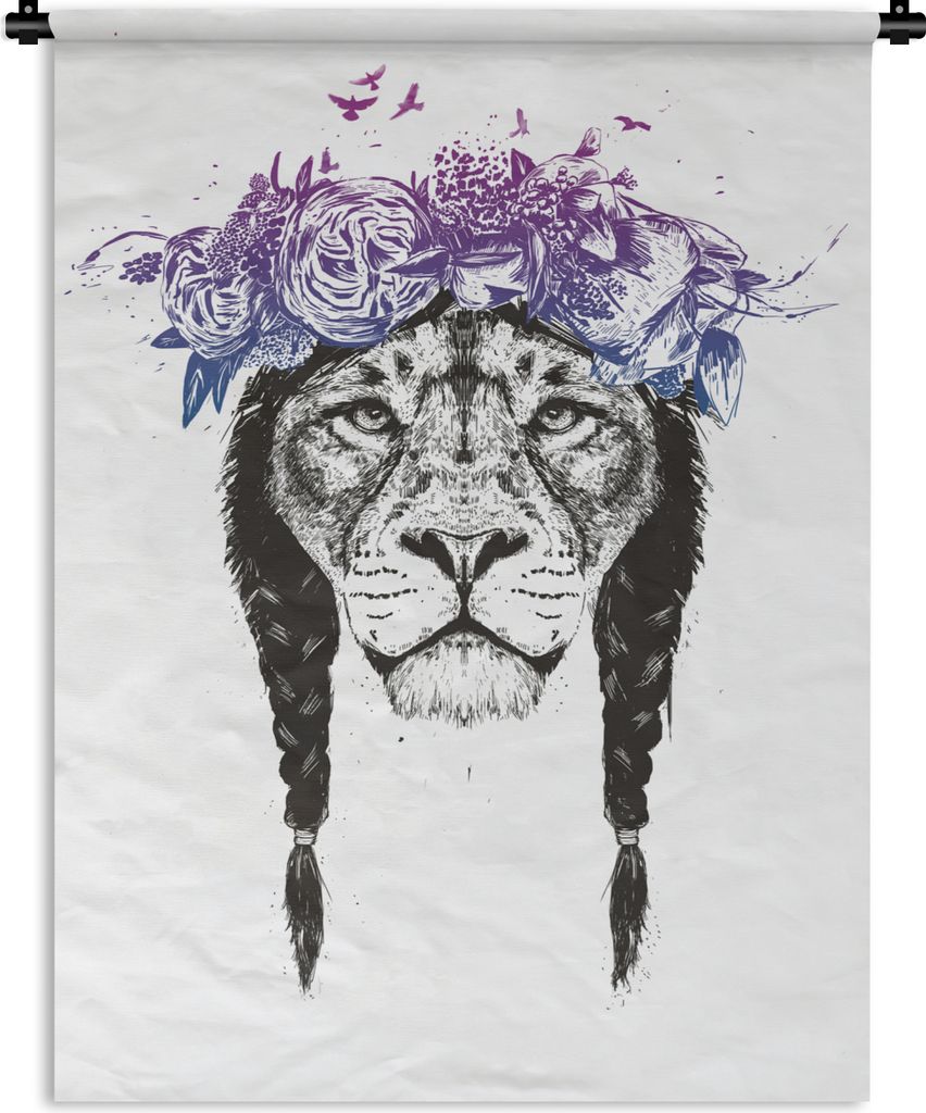 MuchoWow Wandteppich Wandbehang Löwe - Haare - Blumen - Natur 60x80 cm Tapisserie Dekoration Wandtuch - Decke - Wandtücher - Wohne