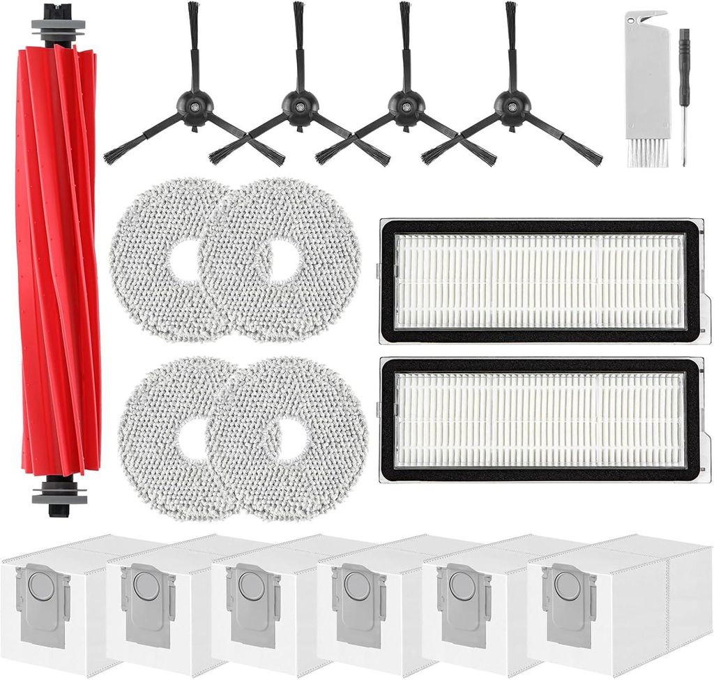 Zubehör für Roborock Qrevo Pro,Qrevo S Staubsauger 1 Hauptbürsten,2 HEPA-Filter,6 Staubbeutel,4 Wischtücher,4 Seitenbürsten(Schwarz),1 Bürste...