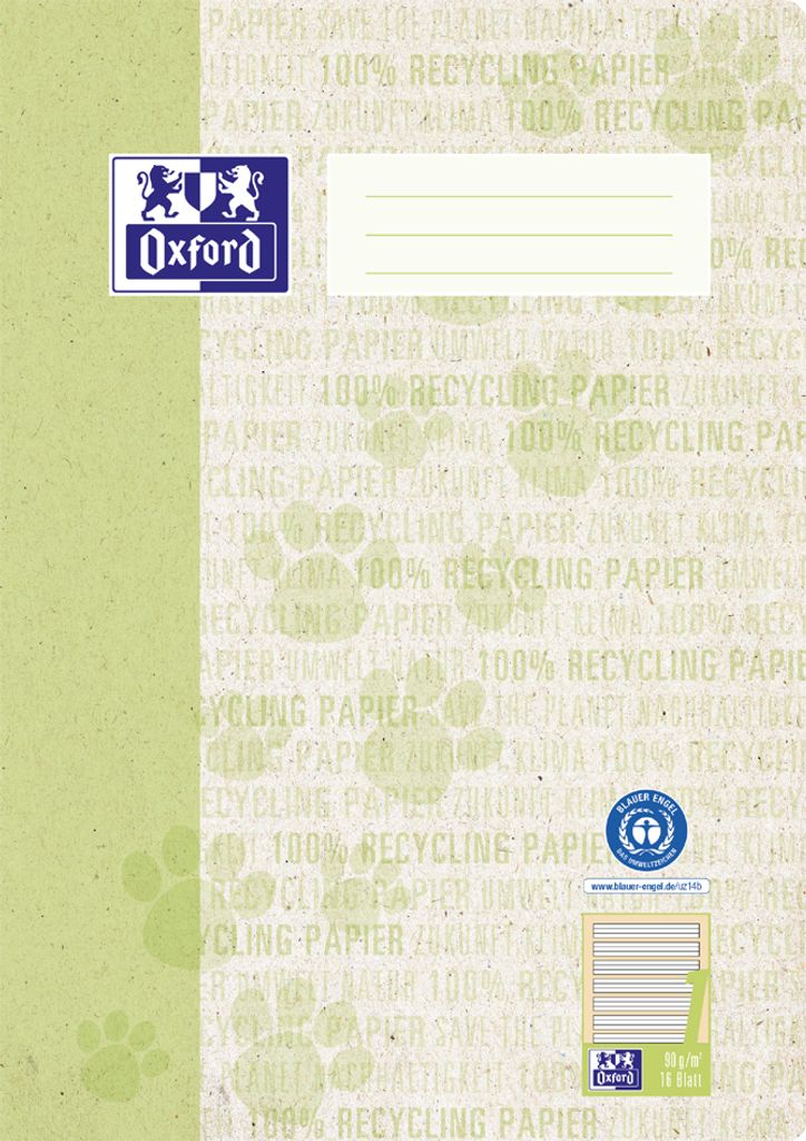 Oxford Schulheft "Recycling" DIN A4 16 Blatt Lineatur 7