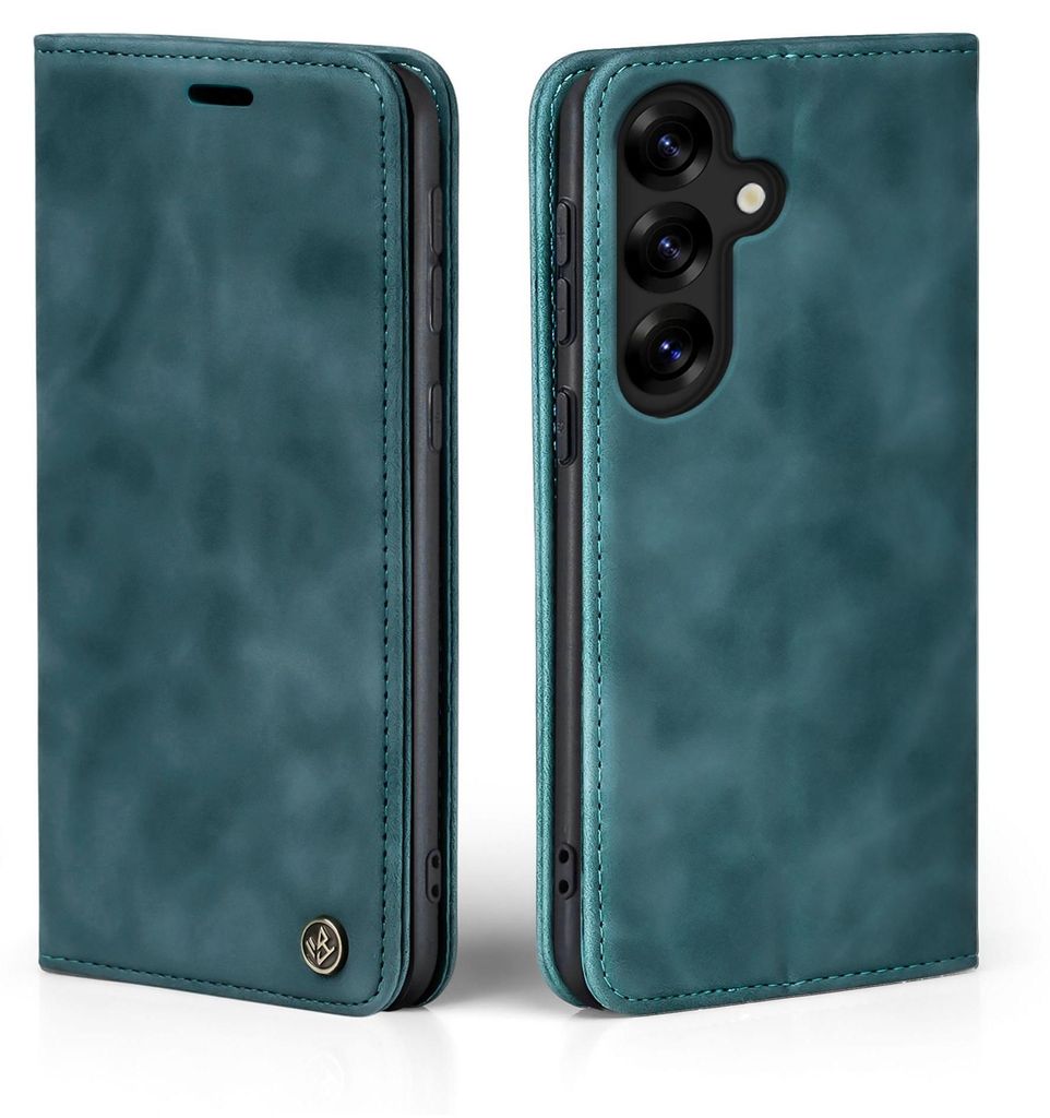 A teal-colored flip case for a smartphone, shown from two angles.