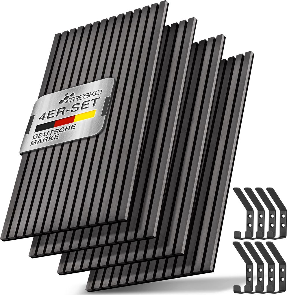 TRESKO 4 Stück Akustikpaneele Holz 120×60 cm inkl. 8x Kleiderhaken | Wandverkleidung Eiche Eiche Anthrazit als 3D Lamellenwand | Holzpaneele Pa...