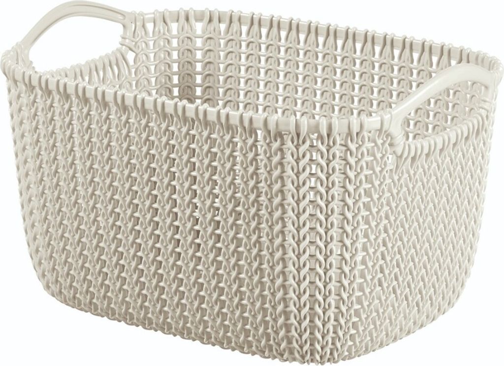 A white woven plastic storage basket with handles.