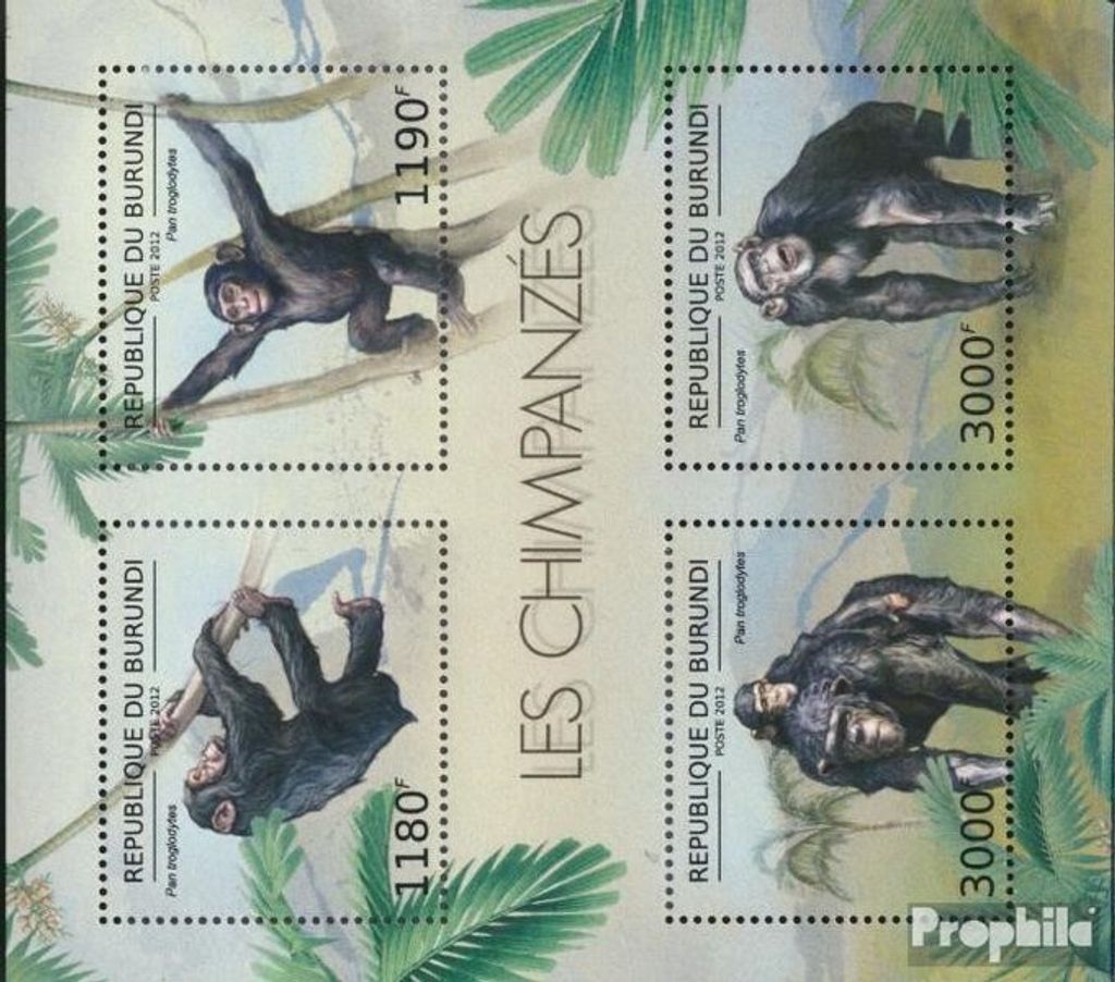 Briefmarken Burundi 2012 Mi 2853-2856 Kleinbogen (kompl.Ausg.) postfrisch Schimpanse