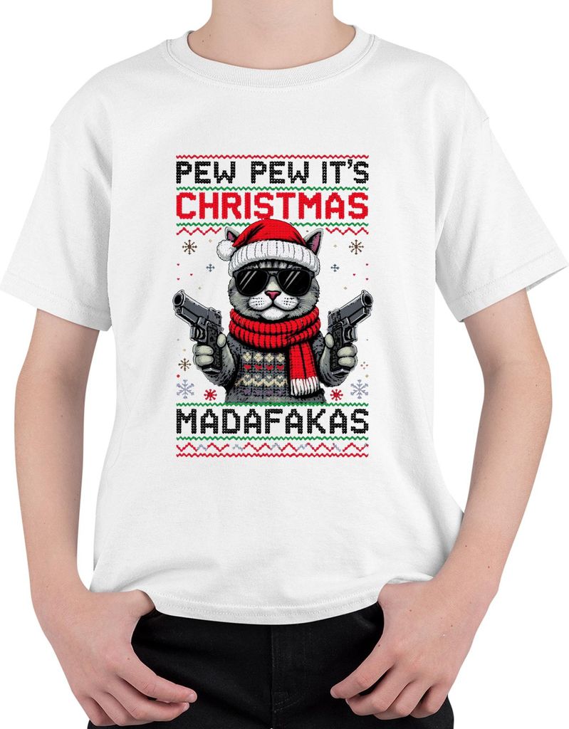 PEW PEW ITS CHRISTMAS MADAFaKAS Katze Sonnenbrille Pistolen Uni Kinder T-Shirt, Weiß, 128