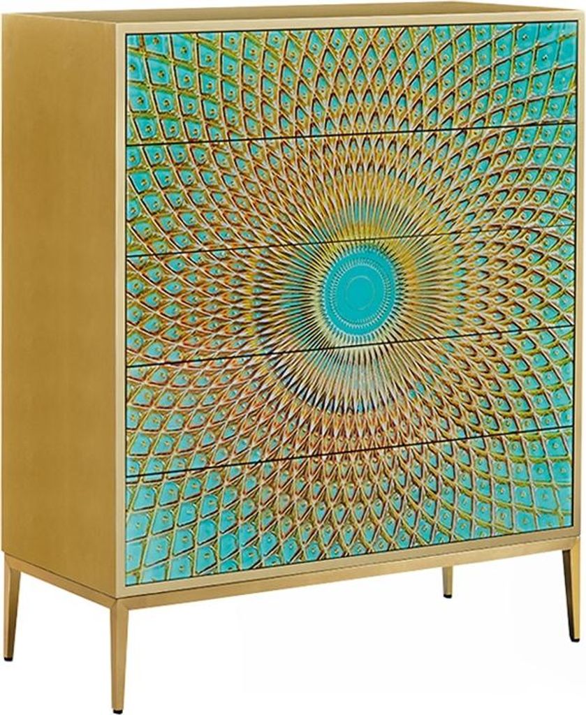 KAWOLA Highboard LAGO 5 Schubladen Glas grün Fuß Edelstahl goldfarben