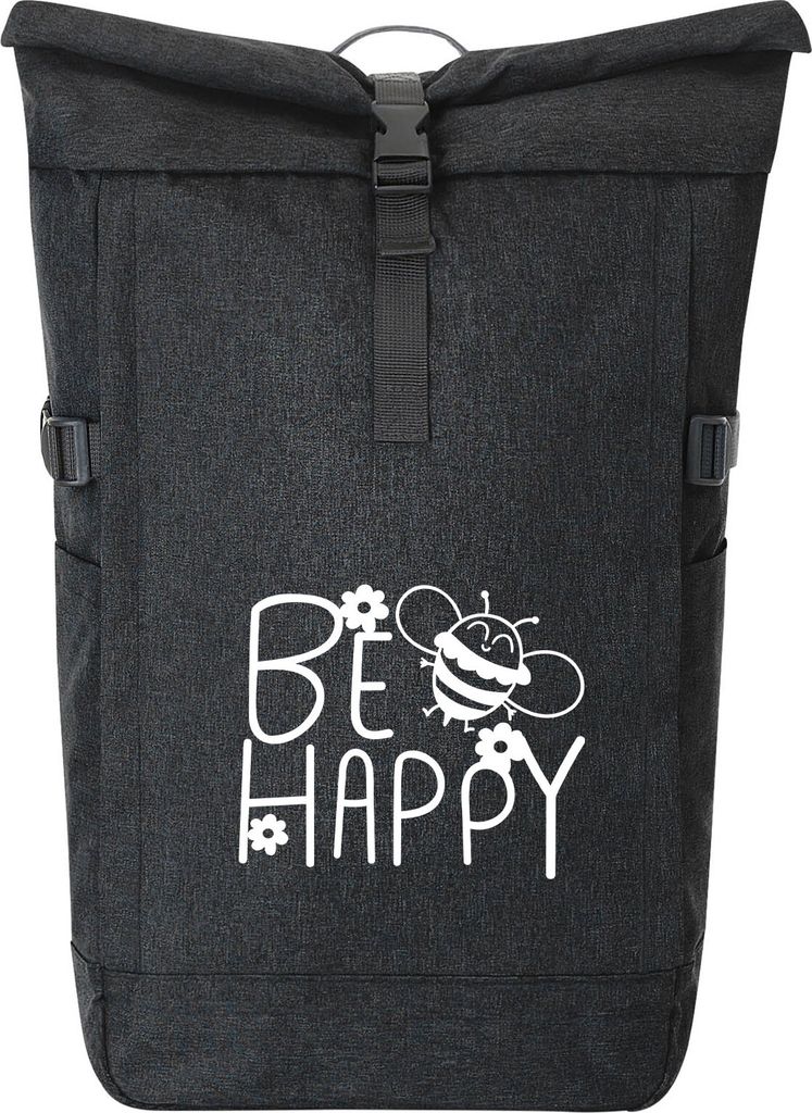 Huuraa Kurierrucksack Be Happy Biene 30-44 Liter Black Melange Fairtrade Rolltop Rucksack Geschenkidee