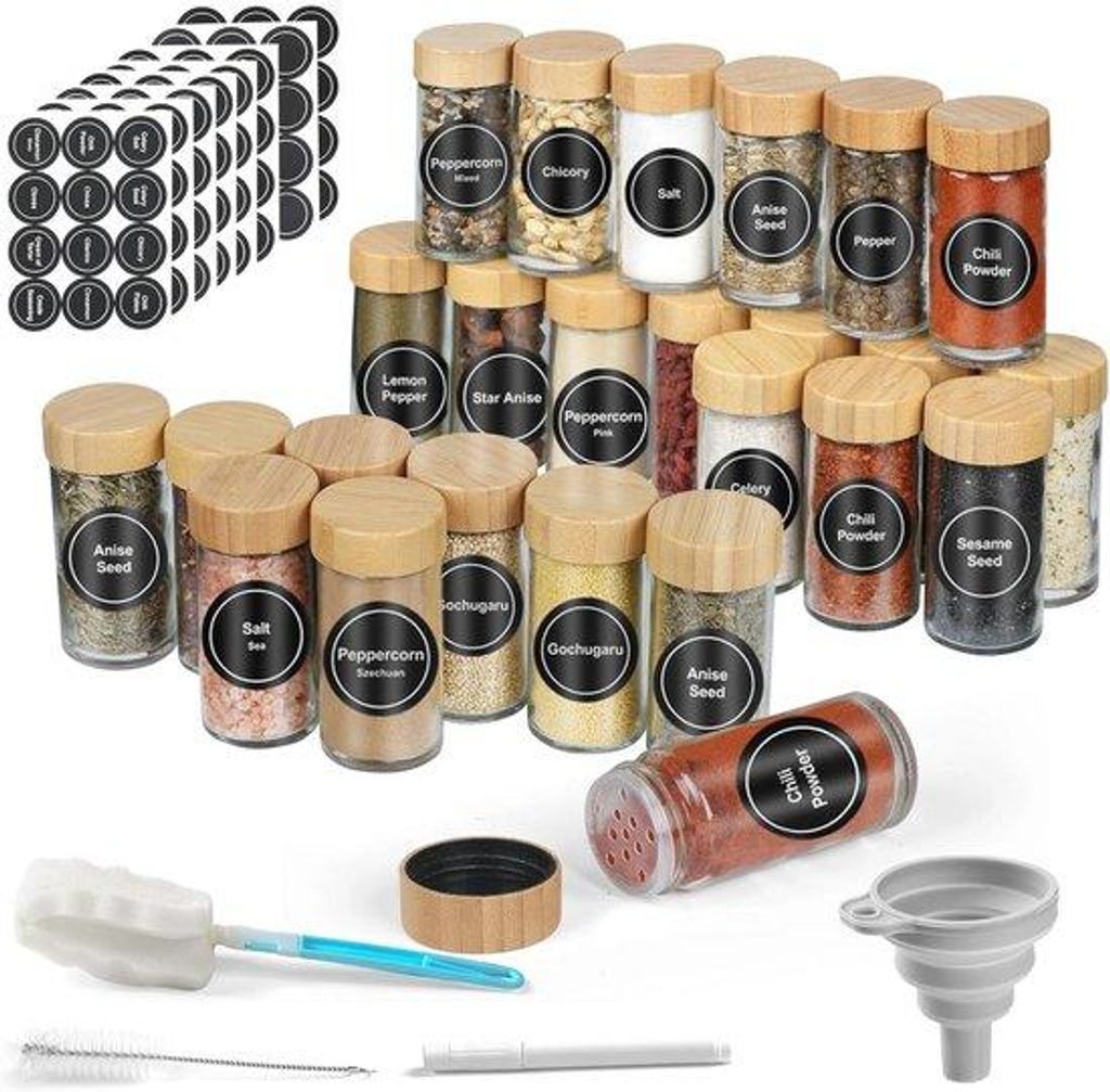 24 Glas-Kräutergläser mit Holzdeckel und Etiketten – 100-ml-Kräuterglas-Set