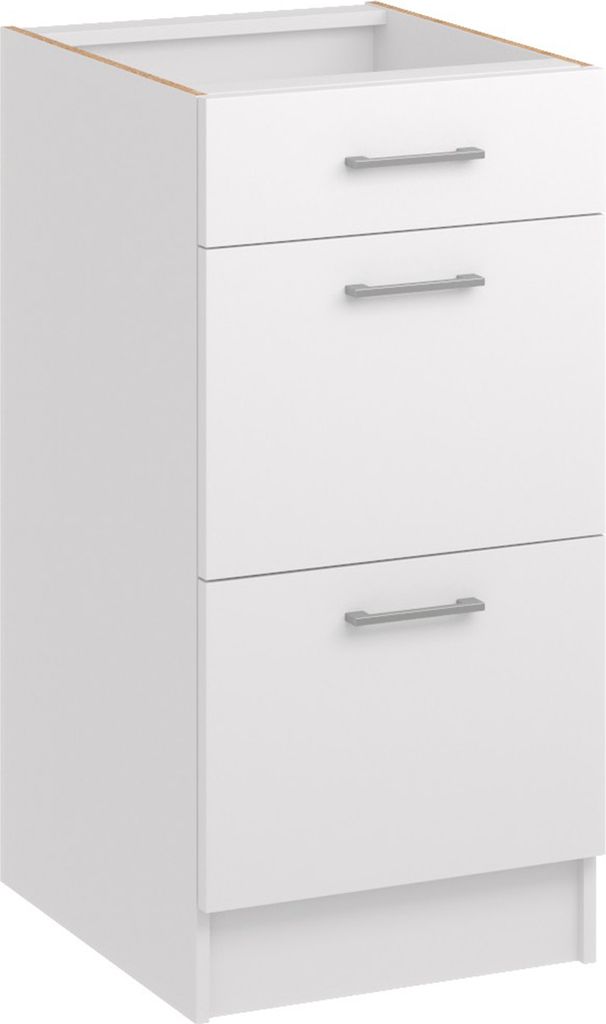 A white kitchen base cabinet with three drawers.