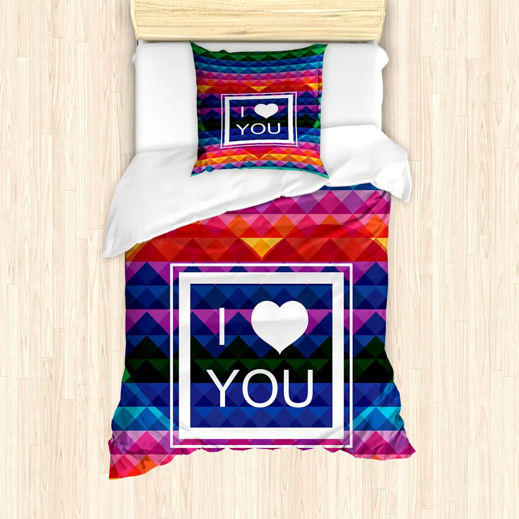 ABAKUHAUS Set copripiumino Rainbow per letti singoli, cornice con scritta "Ti amo", antiacaro, adatto a chi soffre di allergie, con federa, 135 cm x 200 cm - 80 x 80 cm, multicolore