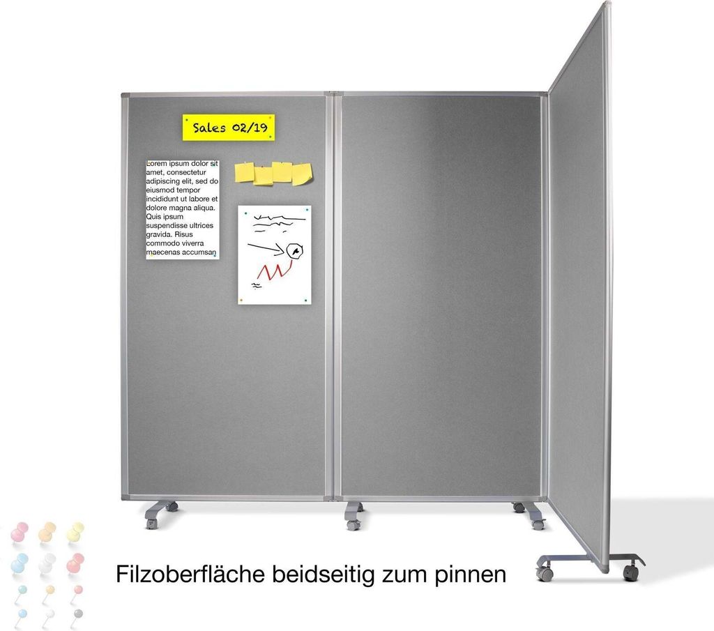 Filz-Stellwand Trennwand 3-teilig Grau 180 x 60 x 180 cm