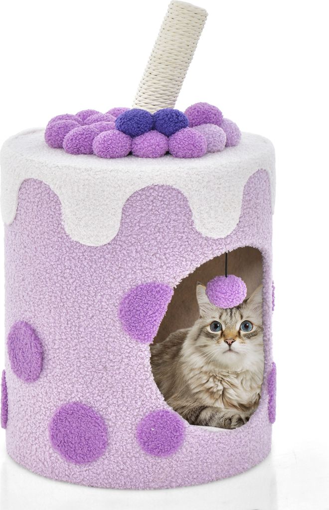 GOPLUS Katzenhaus Milchteeform, Multifunktionale Katzenhöhle mit waschbaren Kissen Sisalpfosten & Spielball, Kratztonne für Katzen zum Schlafen &...