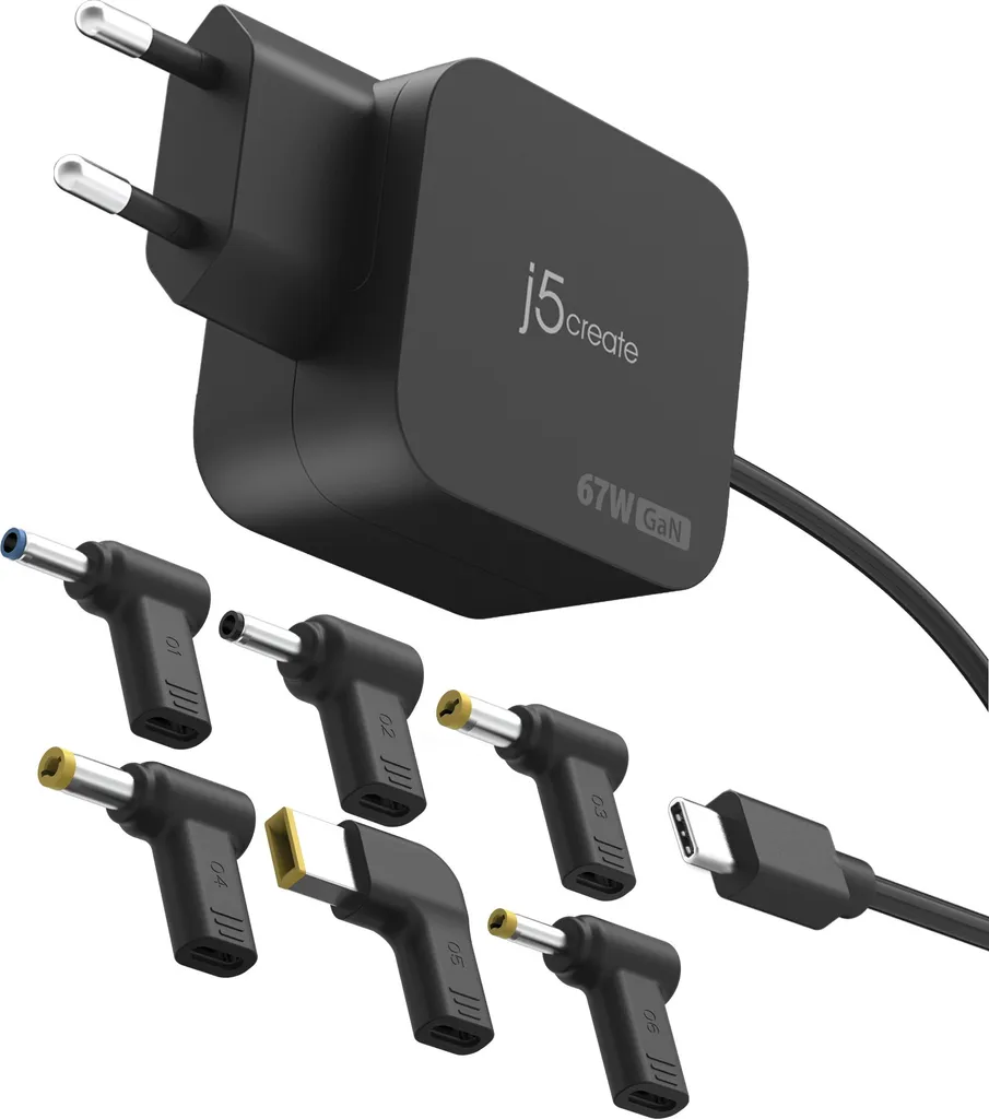 j5create JUP1565DCE-EN Chargeur GaN USB-C 67W avec 6 Connecteurs DC UE