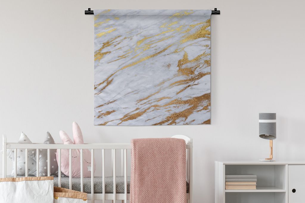 MuchoWow Wandteppich Wandbehang Marmor - Gold - Weiß - Textur 90x90 cm Tapisserie Dekoration Wandtuch - Wandaufhänger