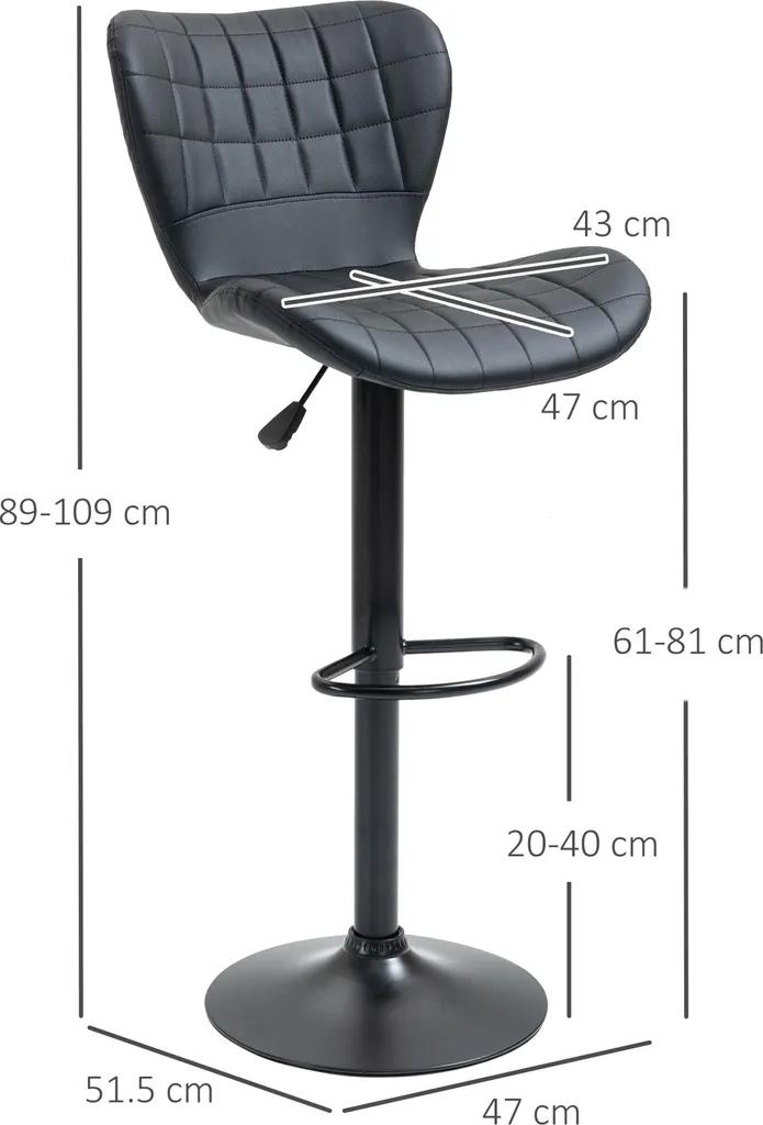 Tabouret de bar pivotant noir lot de 2 chaises design rétro réglables - 2