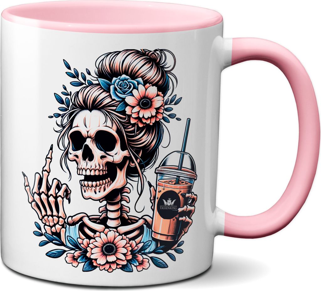 TassenKing - Skull Frau Tasse – Lustige Kaffeetasse mit Mittelfinger (FuckOff) und Kaffee-Motiv Geschenk Büro Kollegin Freundin