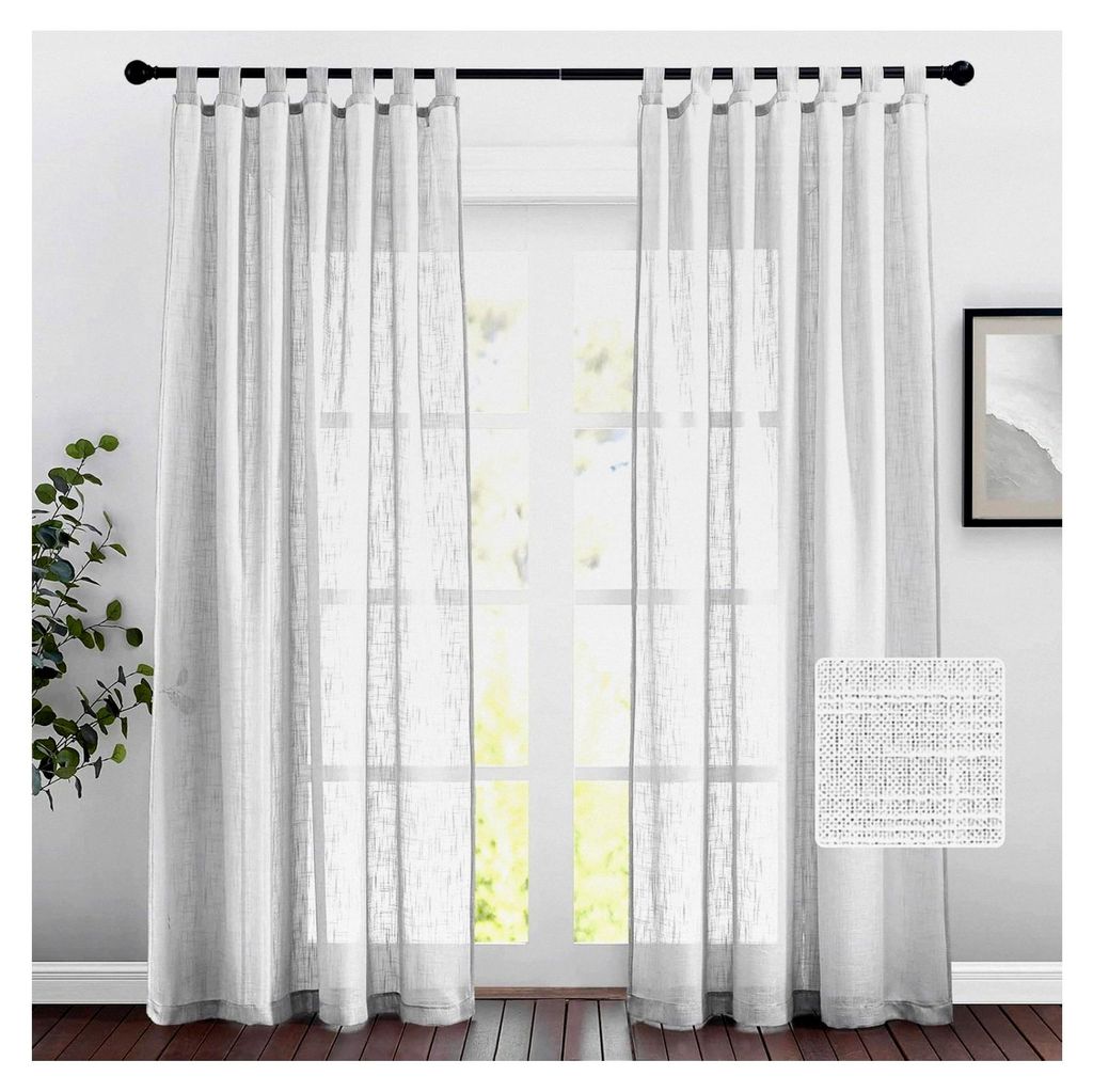 2 Stück Leinenoptik Vorhänge Hellgrau Schlaufenvorhang Dekoration Voile Gardinen Wohnzimmer Halbtransparent H 220 x B 140 cm