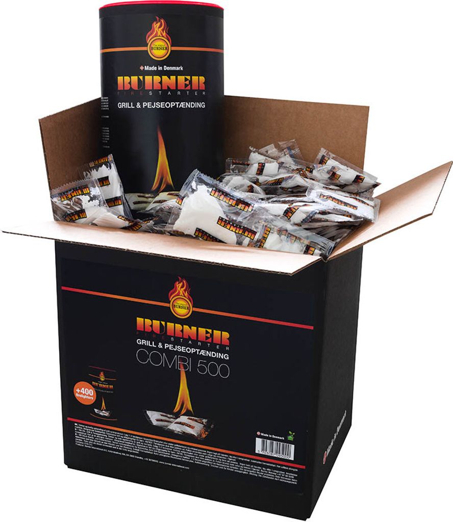 A cardboard box filled with individually wrapped fire starters for grills and fireplaces.