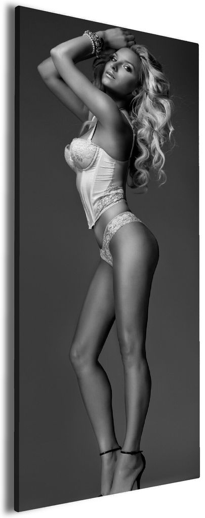 Wallario Premium Leinwandbild Sexy Beine - Blondine mit langen Beinen in Unterwäsche in Größe 80 x 200 cm