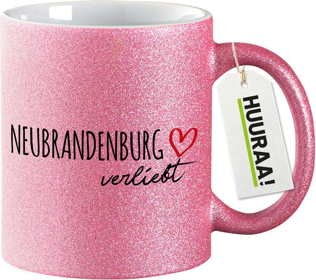 Huuraa Glitzertasse Neubrandenburg verliebt 330ml Pink Keramik Kaffeebecher Geschenkidee