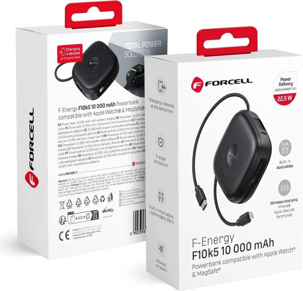 Powerbank kompatibel mit MagSafe Forcell F-Energy F10K5 PD3.1 QC3.0 3A 22,5W 10000 mAh kompatibel mit Apple Watch black