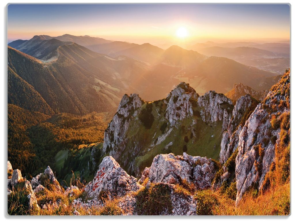 Wallario Glasunterlage, Schneidebrett aus Glas, Größe 30 x 40 cm, Motiv Berglandschaft mit Sonnenuntergang in der Slowakei
