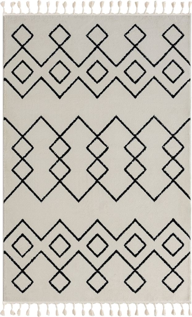 MY-RUG Teppich, Sofie, 230x160, Weiß,Hochflor-Teppich, modern, marokkanisches Design, flauschig weich, Skandi-Rautenmuster, rechteckig