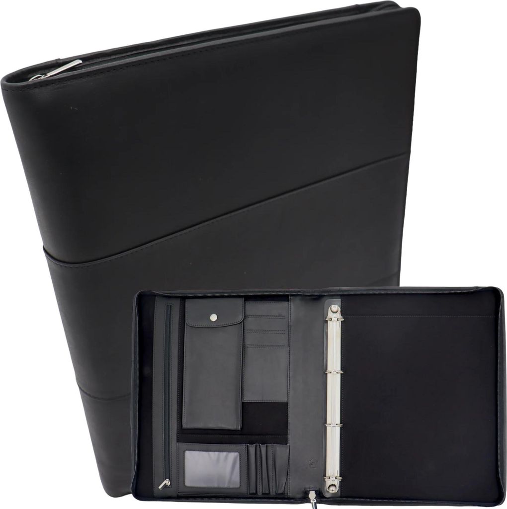 Safekeepers Paris Leder Schreibmappe - Konferenzmappe - Dokumentenmappe A4 - Tablet-Hülle & Laptop-Hülle - abnehmbare Ringmappe - Schwarz Glatt