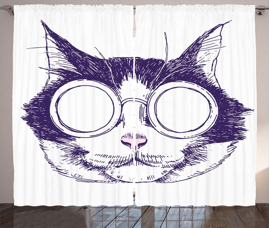 Rideau pour chambre d'ado motif chat design indigo et rose 280x225 cm