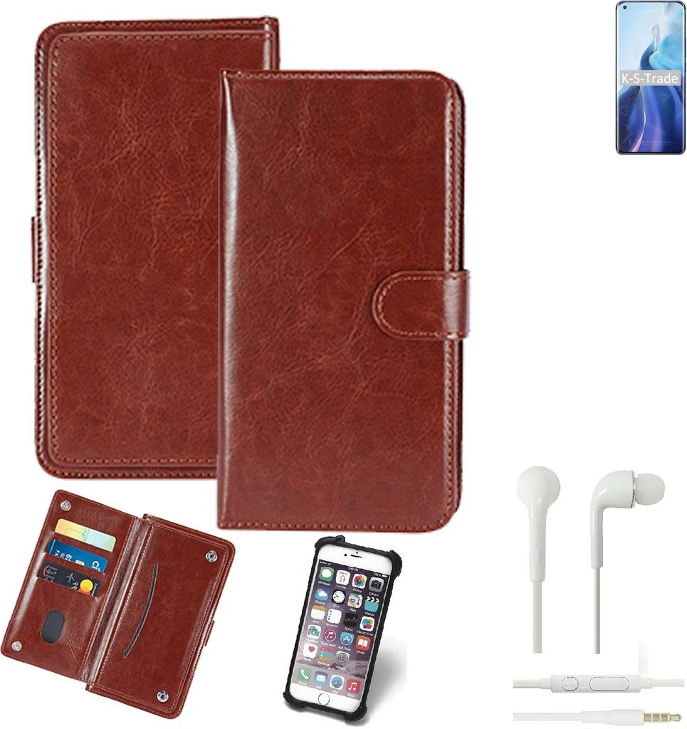 K-S-Trade 360° Hülle kompatibel mit Xiaomi Mi 11 Pro inkl. Headphones braun Kunstleder Case BookCase WalletCase Kunstlederederhülle Handyhülle,