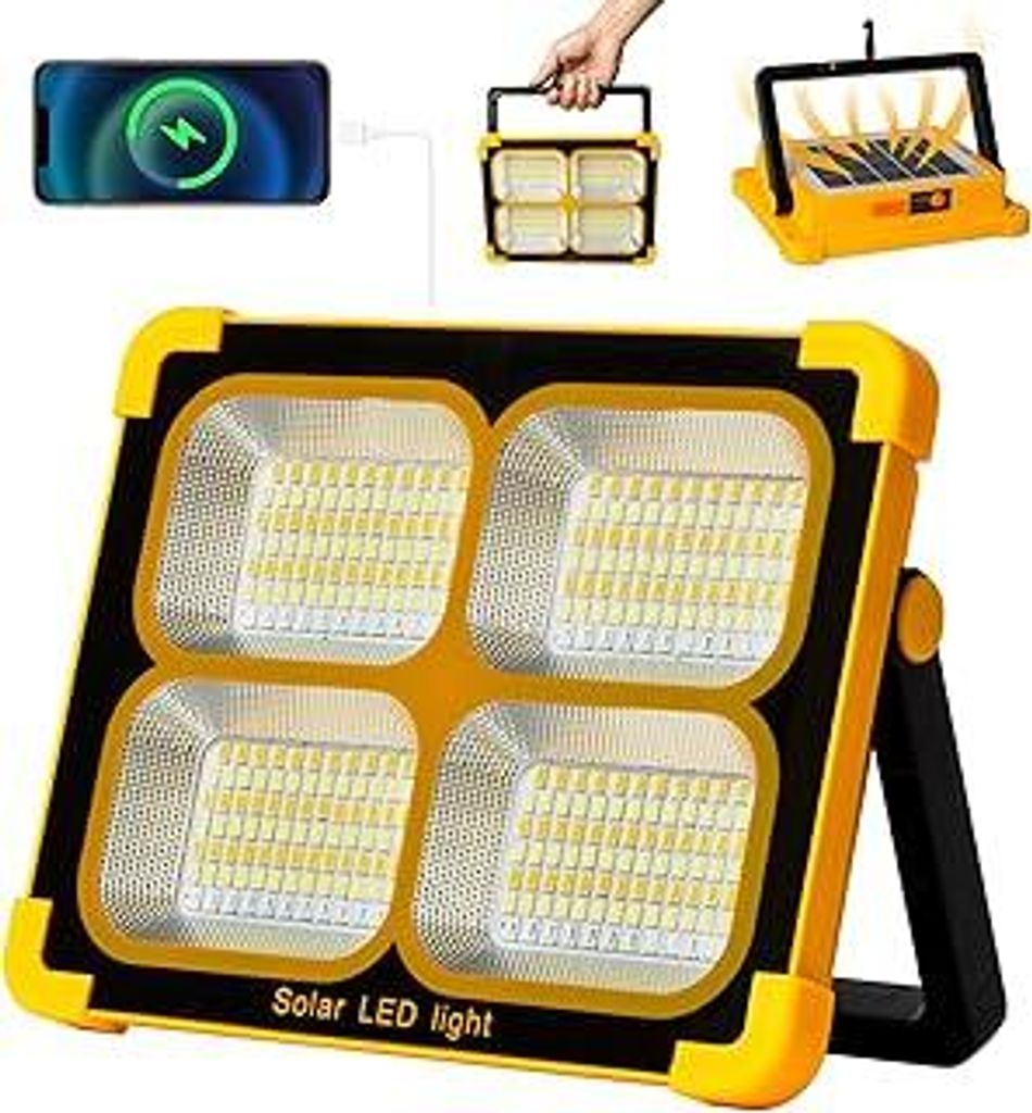 100W LED Baustrahler Akku Solar Arbeitsleuchte Tragbare, 10000LM 12000mAh Akku Arbeitsleuchte USB-Wiederaufladbar, 4 Lichtmodi, Campinglampe Tragba...