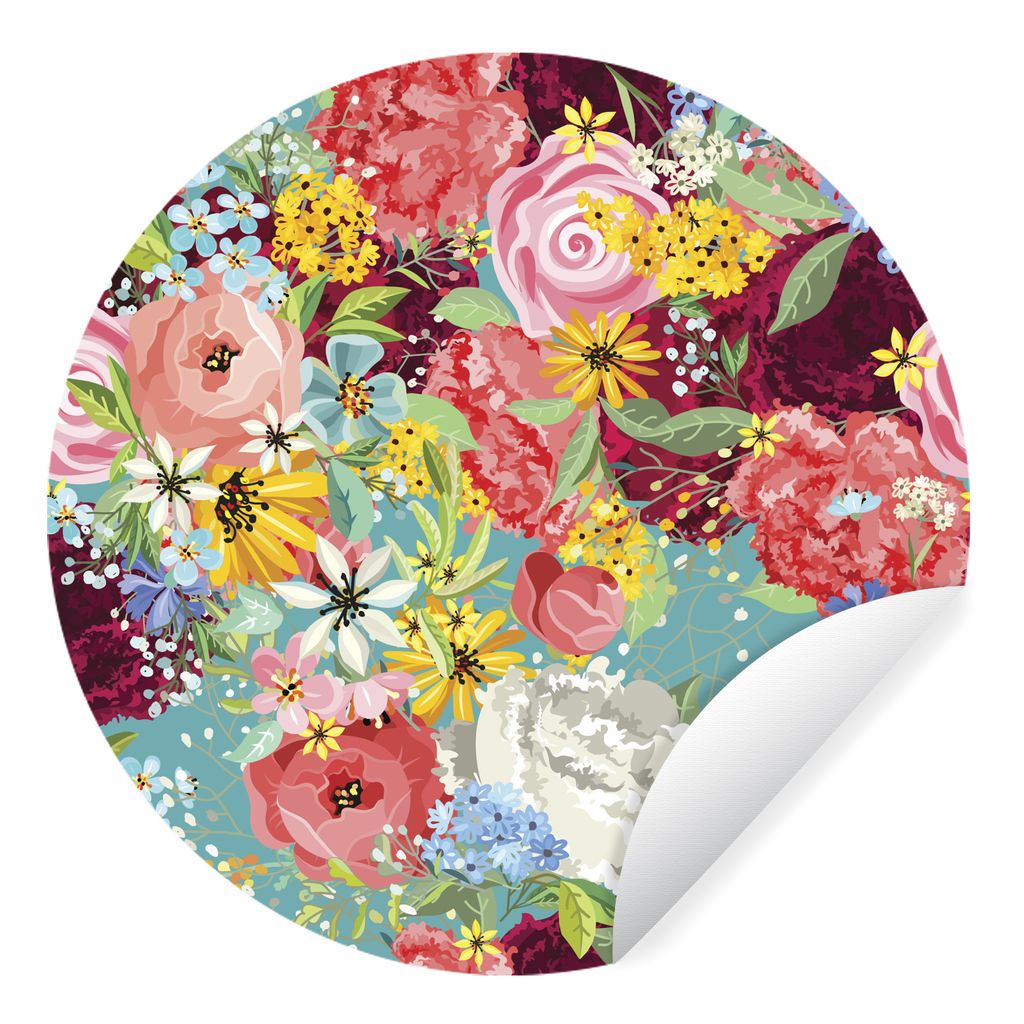 MuchoWow Runde Wandtattoo - Wandsticker Tapete Aufkleber Eine farbenfrohe Illustration mit Blumenmuster Ø 100 cm Selbstklebend und Repositionier...