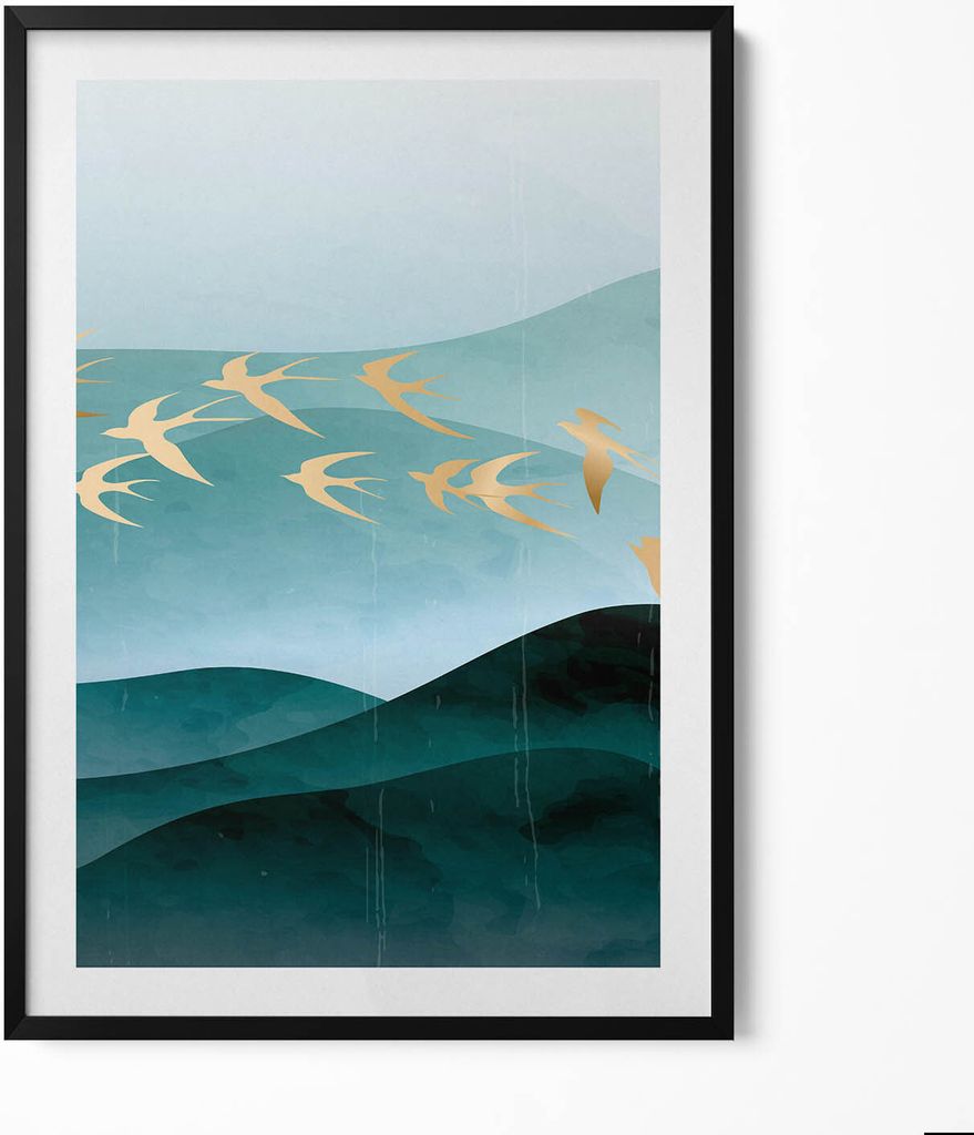Illustration von goldenen Vögeln am Himmel– Wandbild mit Rahmen – Gerahmtes Bild – Wanddekoration – 70x100 cm – Schwarz Rahmen