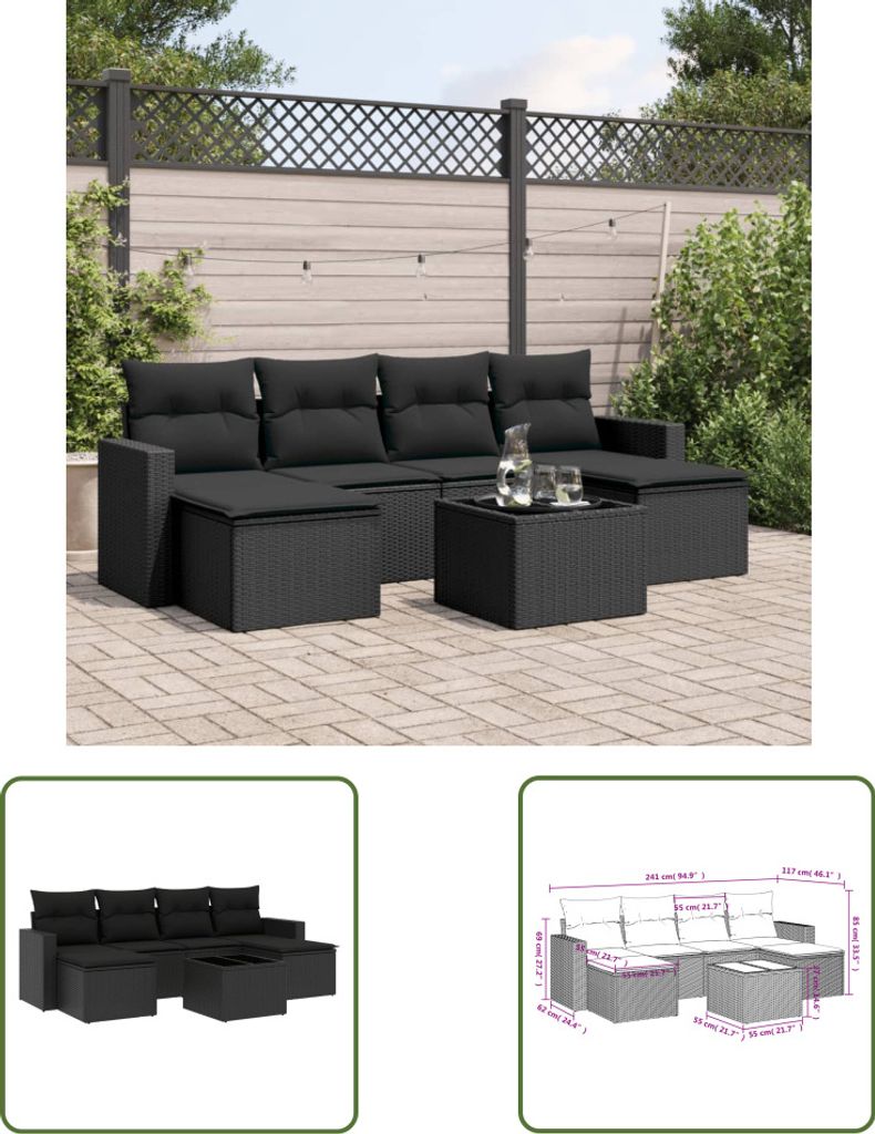 The Living Store 7-tlg. Garten-Sofagarnitur mit Kissen Schwarz Poly Rattan